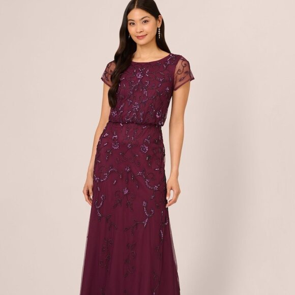 Adrianna Papell Sequined-Mesh Evening Gown Cassis Plus Size 14W - Picture 1 of 7